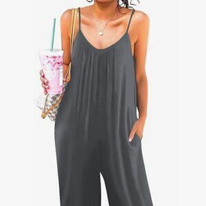 Sleeveless Strap Loose Adjustable Jumpsuits Stretchy Long Pants with Pockets